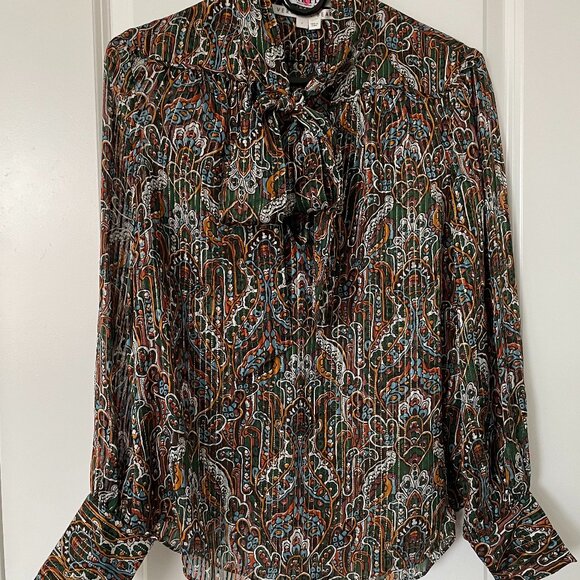 VERONICA BEARD SILK BLOUSE 2, Size Small, Zaylee Paisley Tie-Neck Green/Brown - Picture 2 of 7